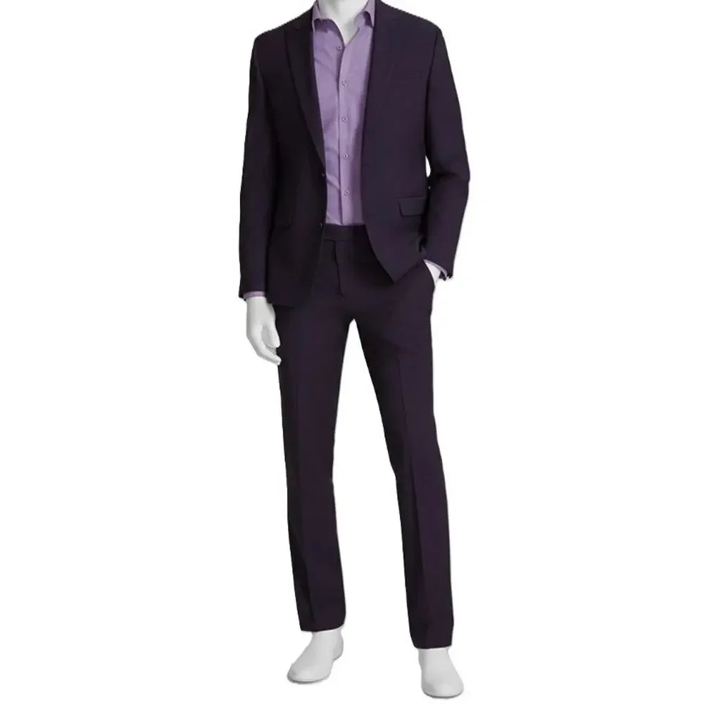 Bar III Mens Slim Fit 2 Piece Suit 40L 33x30 Purple Dark Burgundy Wool Stretch